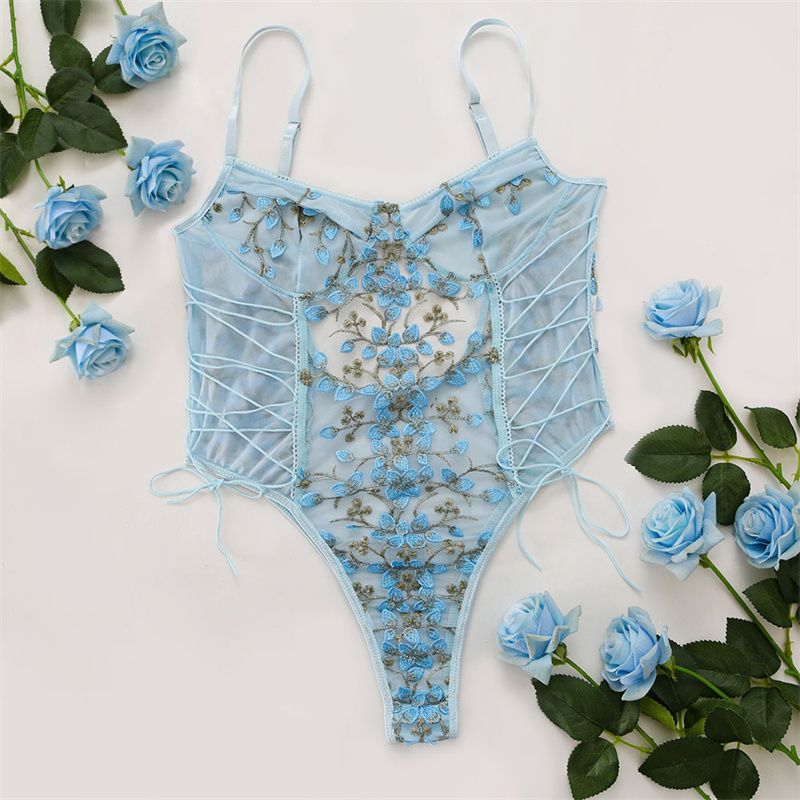 New Arrival Western Sexy Lingerie - Sheer Mesh Embroidery Jumpsuit | Strappy Bodysuit with Floral Embroidery - Seductive Home Wear for Women