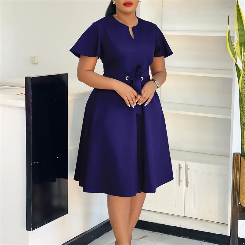 2025 Summer Fashion African Dresses Solid Color Strappy Short Sleeve Plus Size Midi Dress Elegant Commuter & Banquet Versatile Style Swing Skirt