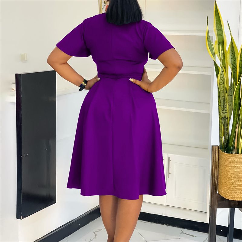 2025 Summer Fashion African Dresses Solid Color Strappy Short Sleeve Plus Size Midi Dress Elegant Commuter & Banquet Versatile Style Swing Skirt