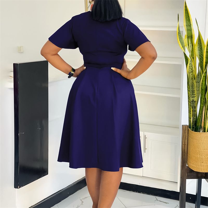 2025 Summer Fashion African Dresses Solid Color Strappy Short Sleeve Plus Size Midi Dress Elegant Commuter & Banquet Versatile Style Swing Skirt