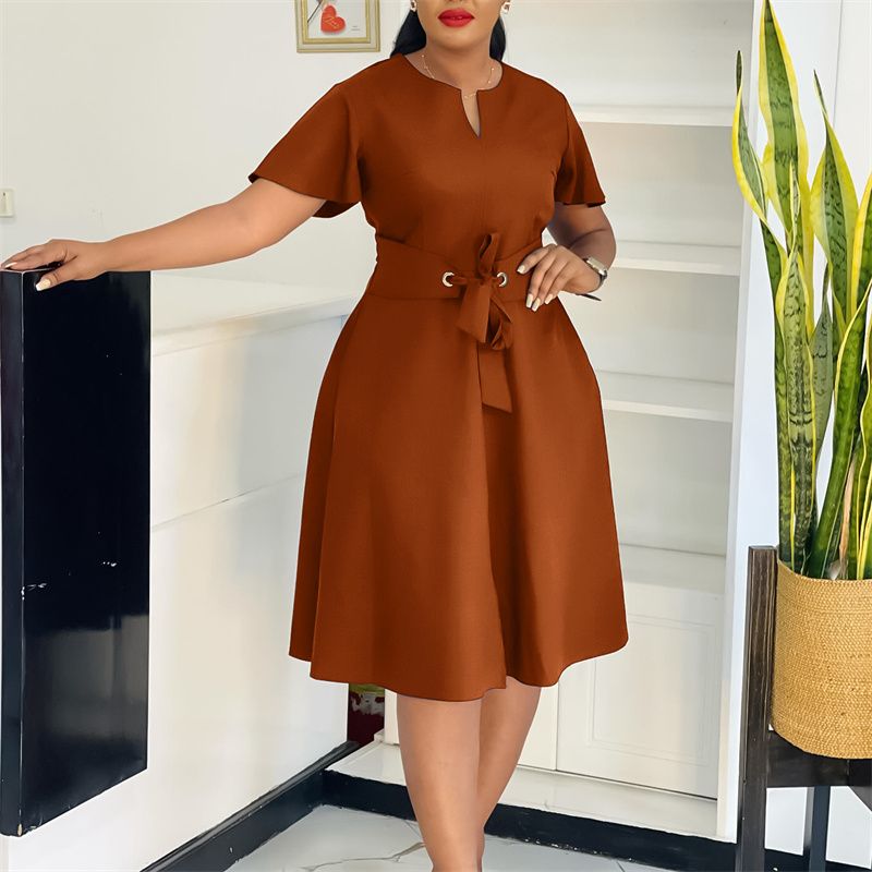 2025 Summer Fashion African Dresses Solid Color Strappy Short Sleeve Plus Size Midi Dress Elegant Commuter & Banquet Versatile Style Swing Skirt