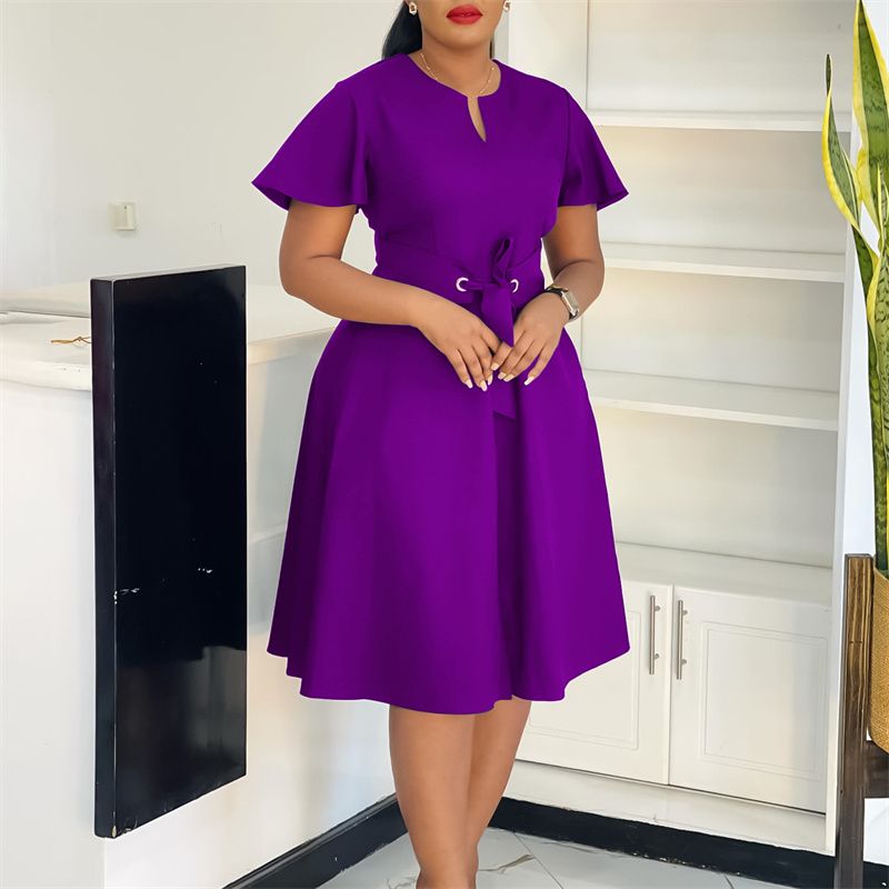 2025 Summer Fashion African Dresses Solid Color Strappy Short Sleeve Plus Size Midi Dress Elegant Commuter & Banquet Versatile Style Swing Skirt