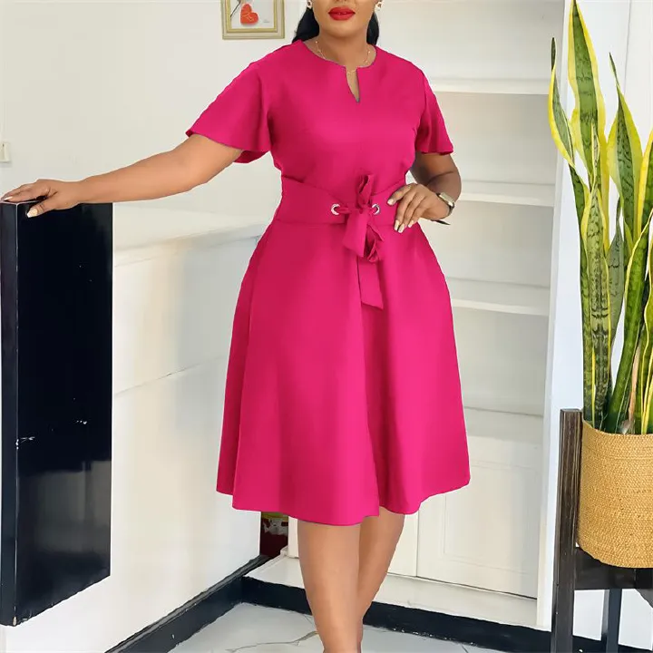 2025 Summer Fashion African Dresses Solid Color Strappy Short Sleeve Plus Size Midi Dress Elegant Commuter & Banquet Versatile Style Swing Skirt