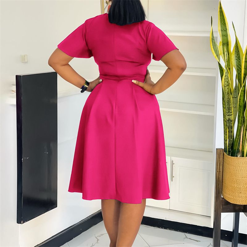 2025 Summer Fashion African Dresses Solid Color Strappy Short Sleeve Plus Size Midi Dress Elegant Commuter & Banquet Versatile Style Swing Skirt
