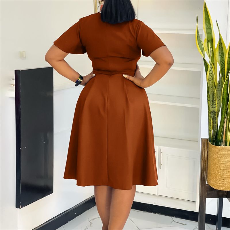 2025 Summer Fashion African Dresses Solid Color Strappy Short Sleeve Plus Size Midi Dress Elegant Commuter & Banquet Versatile Style Swing Skirt
