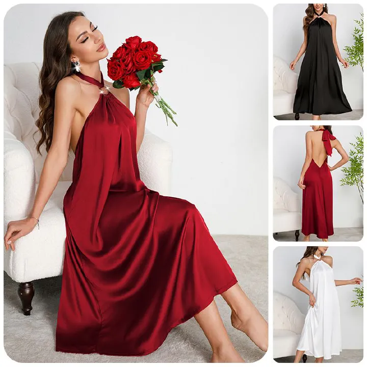 French-Inspired Evening Gown High-End Luxury-Lite Satin Halter Dresses |Women's Premium Open Back Maxi Dress