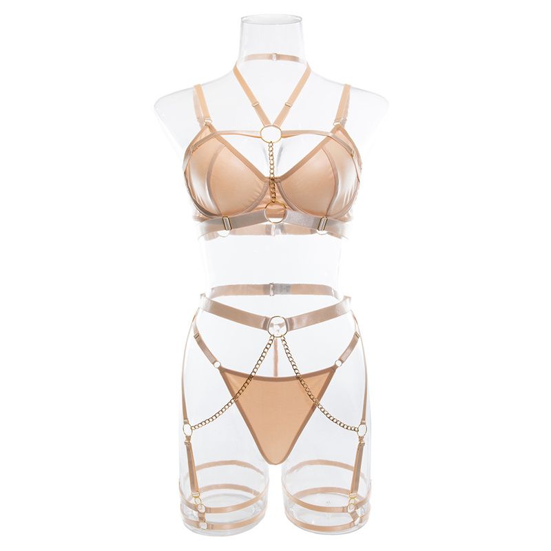 3-Piece High-Quality Euro-American Style Lingerie Set: Halter Camisole Bra Chain Garter Belt Thigh Cuffs & Thong (Multiple colors to choose from)