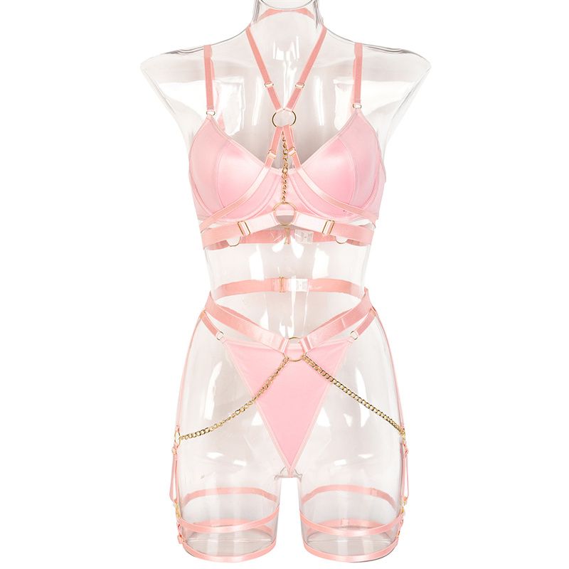 3-Piece High-Quality Euro-American Style Lingerie Set: Halter Camisole Bra Chain Garter Belt Thigh Cuffs & Thong (Multiple colors to choose from)