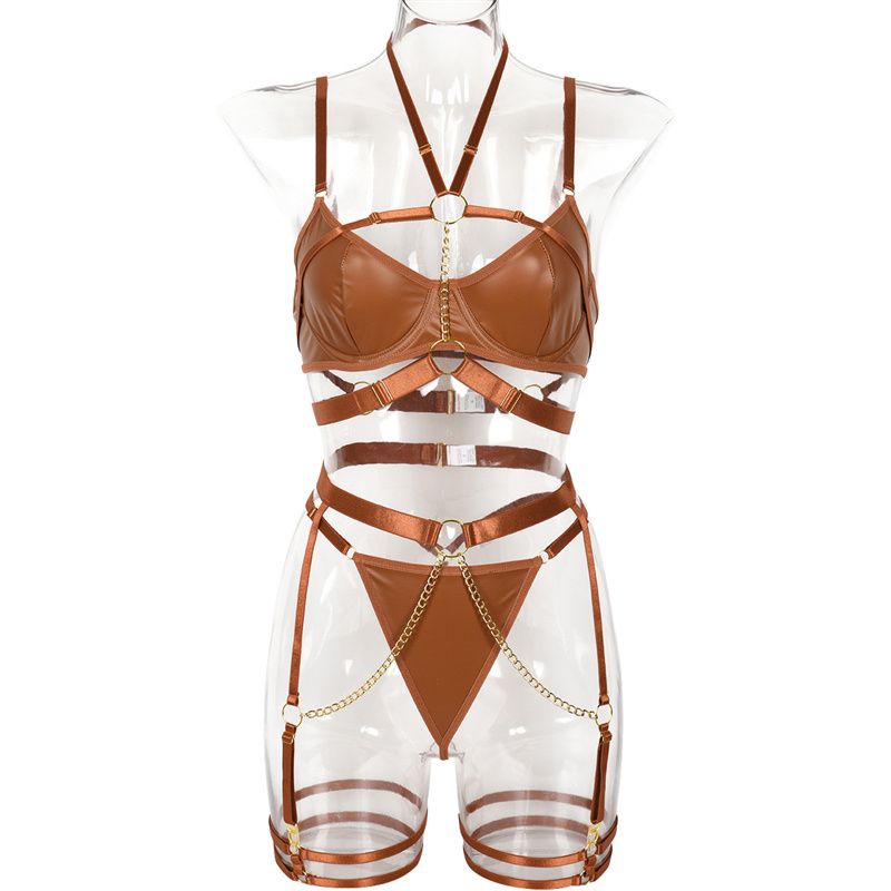 3-Piece High-Quality Euro-American Style Lingerie Set: Halter Camisole Bra Chain Garter Belt Thigh Cuffs & Thong (Multiple colors to choose from)