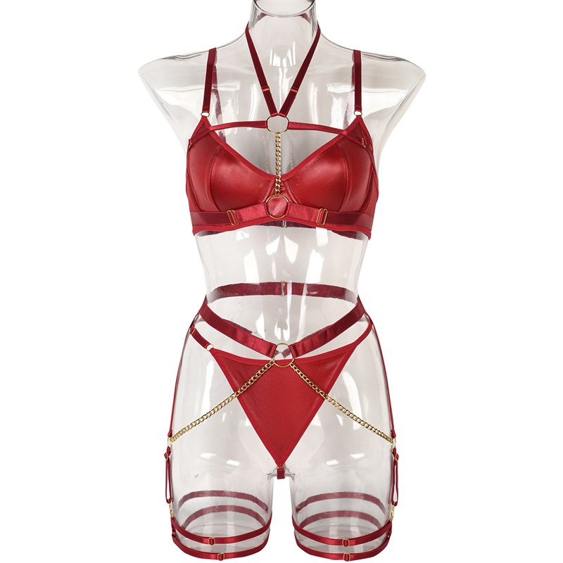 3-Piece High-Quality Euro-American Style Lingerie Set: Halter Camisole Bra Chain Garter Belt Thigh Cuffs & Thong (Multiple colors to choose from)