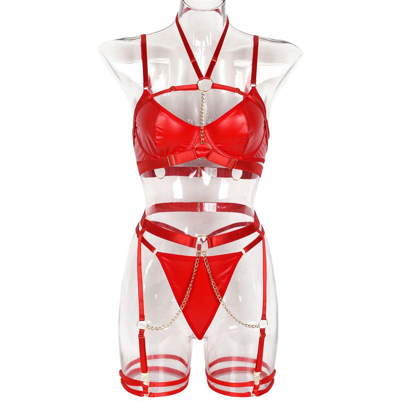 3-Piece High-Quality Euro-American Style Lingerie Set: Halter Camisole Bra Chain Garter Belt Thigh Cuffs & Thong (Multiple colors to choose from)