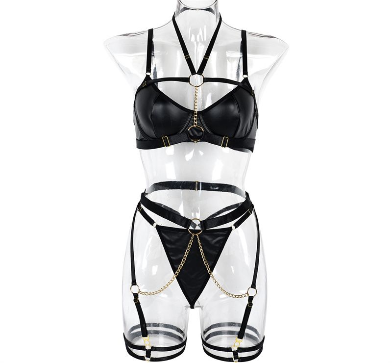 3-Piece High-Quality Euro-American Style Lingerie Set: Halter Camisole Bra Chain Garter Belt Thigh Cuffs & Thong (Multiple colors to choose from)
