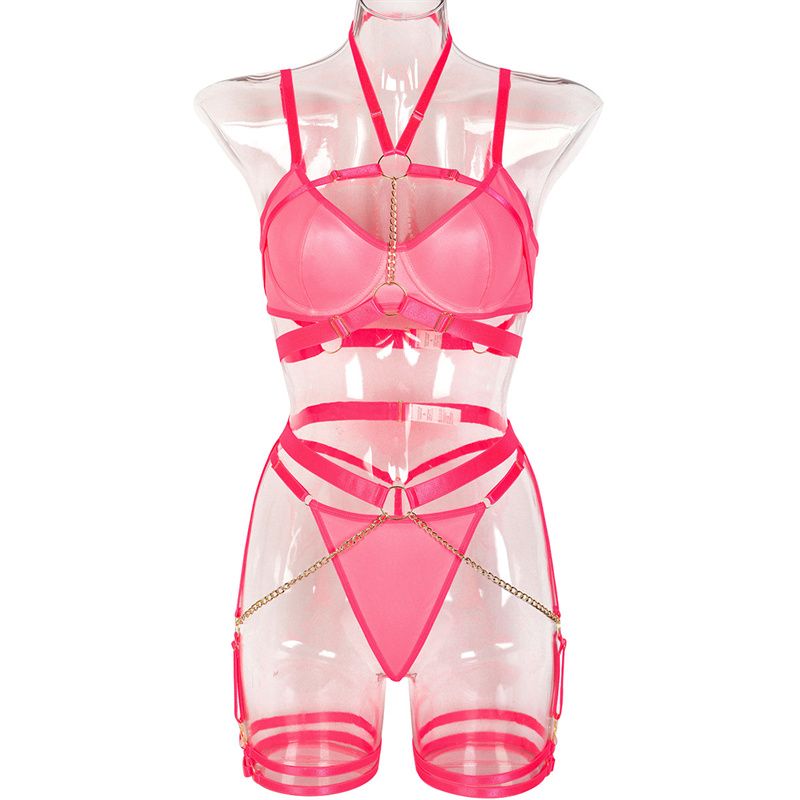 3-Piece High-Quality Euro-American Style Lingerie Set: Halter Camisole Bra Chain Garter Belt Thigh Cuffs & Thong (Multiple colors to choose from)