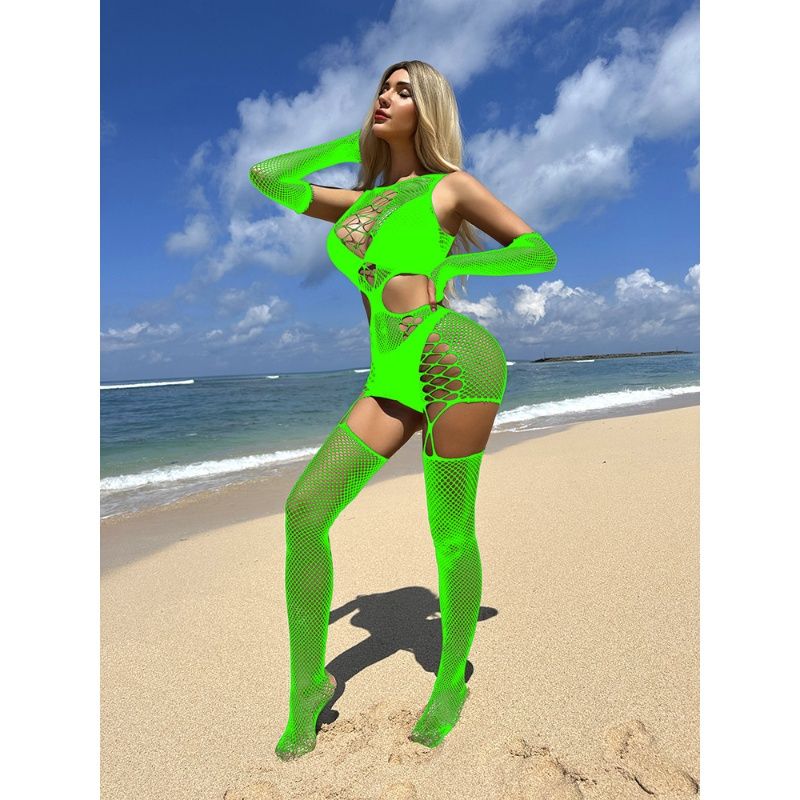 European & American Hot-Selling Fishnet Lingerie: Charming Hollow Out Tight Long-Sleeve Plaid Mesh Bodysuit with Stockings