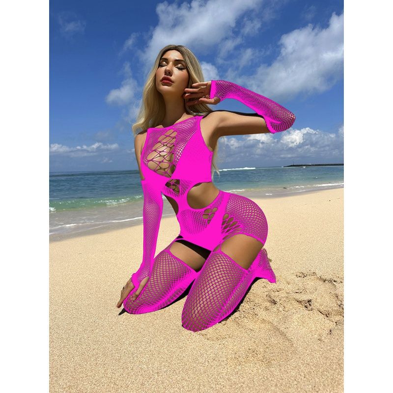 European & American Hot-Selling Fishnet Lingerie: Charming Hollow Out Tight Long-Sleeve Plaid Mesh Bodysuit with Stockings