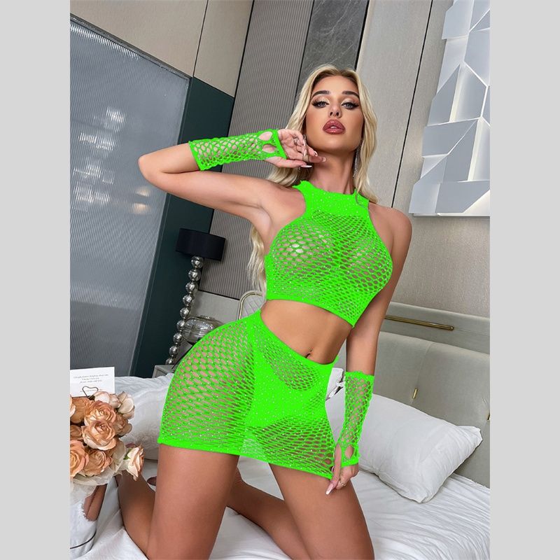 Euro-American Hot Sale Sexy Lingerie Set - Diamond-Studded Hollow-Out Tight Mesh Top with See-Through Fishnet Pencil Skirt & Sleeves Included (Multiple colors to choose from)