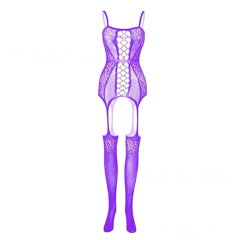 European & American Bestseller Women's Lingerie: Jacquard Mesh Sheer Bodysuit with Spaghetti Straps Combined with Mesh One-Piece Pantyhose