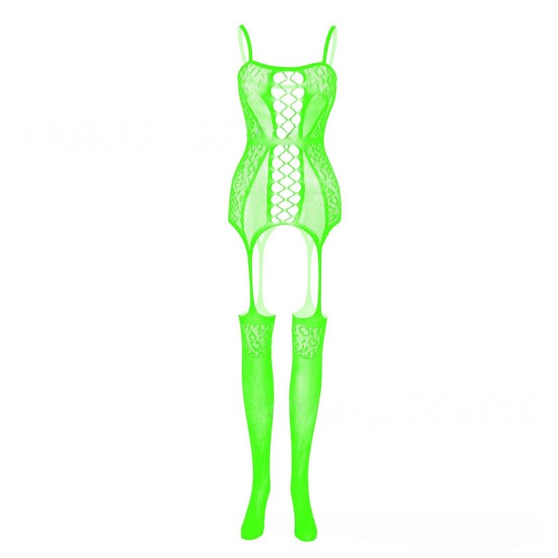 European & American Bestseller Women's Lingerie: Jacquard Mesh Sheer Bodysuit with Spaghetti Straps Combined with Mesh One-Piece Pantyhose