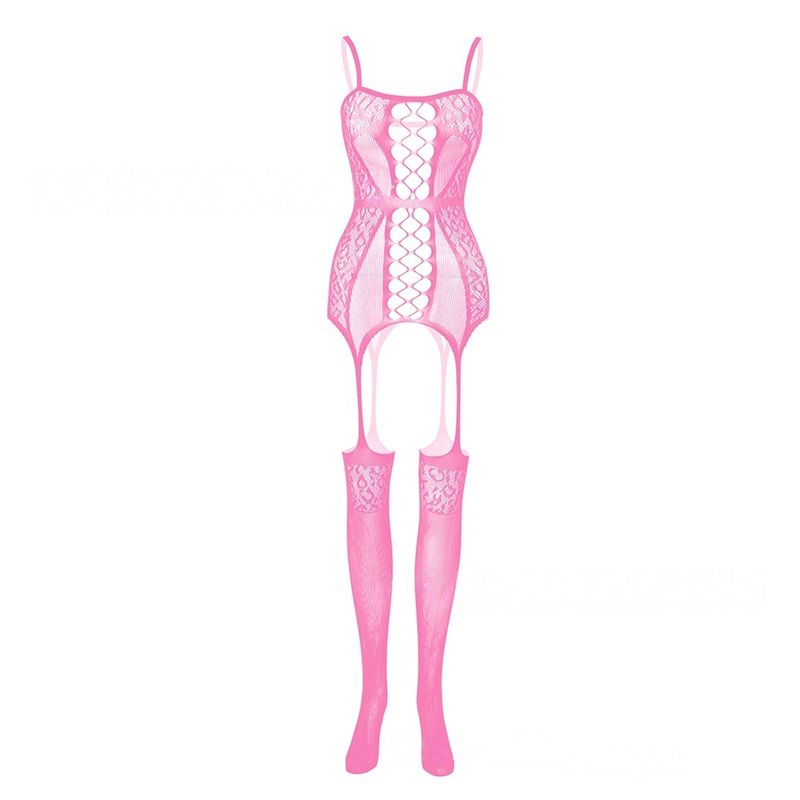 European & American Bestseller Women's Lingerie: Jacquard Mesh Sheer Bodysuit with Spaghetti Straps Combined with Mesh One-Piece Pantyhose