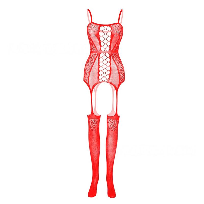 European & American Bestseller Women's Lingerie: Jacquard Mesh Sheer Bodysuit with Spaghetti Straps Combined with Mesh One-Piece Pantyhose
