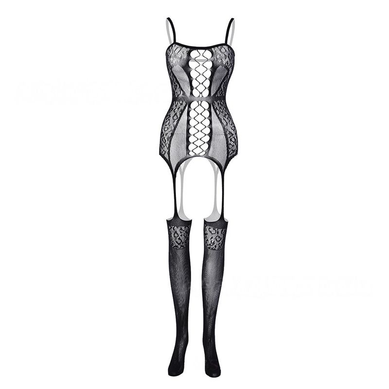 European & American Bestseller Women's Lingerie: Jacquard Mesh Sheer Bodysuit with Spaghetti Straps Combined with Mesh One-Piece Pantyhose