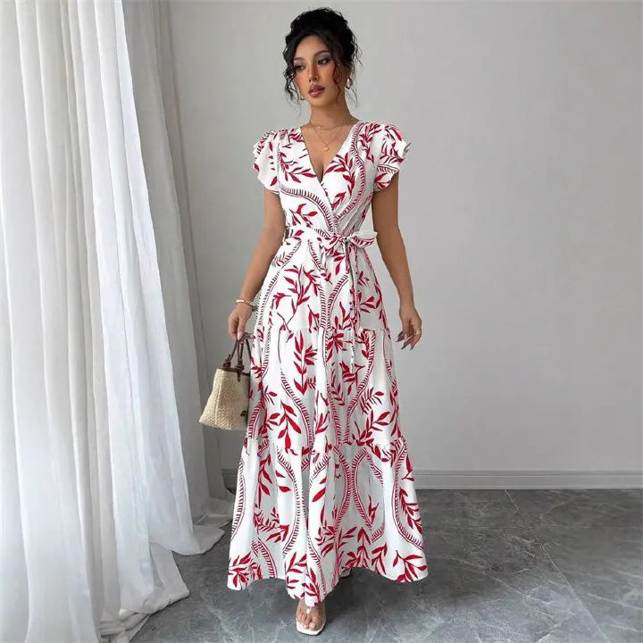 New Fashion Charming Women's A-Line Dress | Print Short Sleeve Tie-Waist & Flared Hem Long Skirt Elegant Versatile for Work Vacation & Party