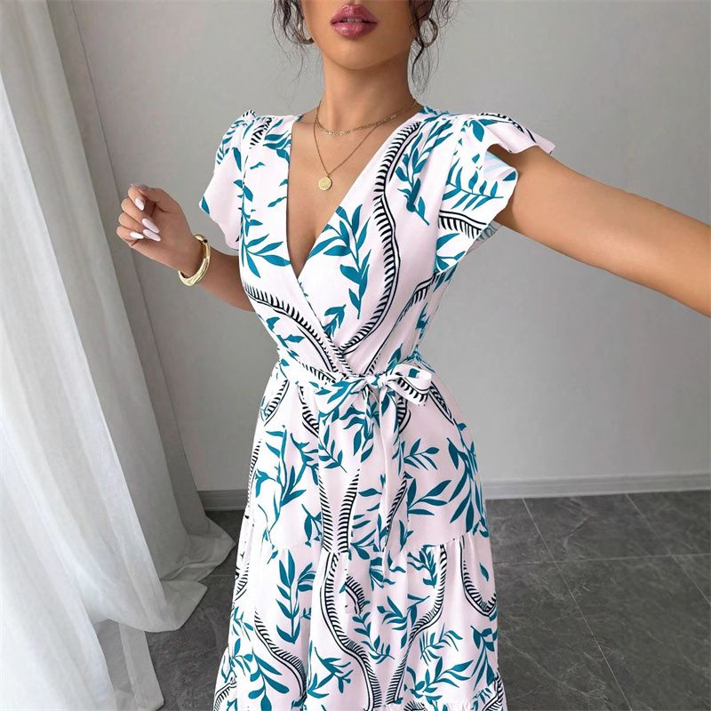 New Fashion Charming Women's A-Line Dress | Print Short Sleeve Tie-Waist & Flared Hem Long Skirt Elegant Versatile for Work Vacation & Party