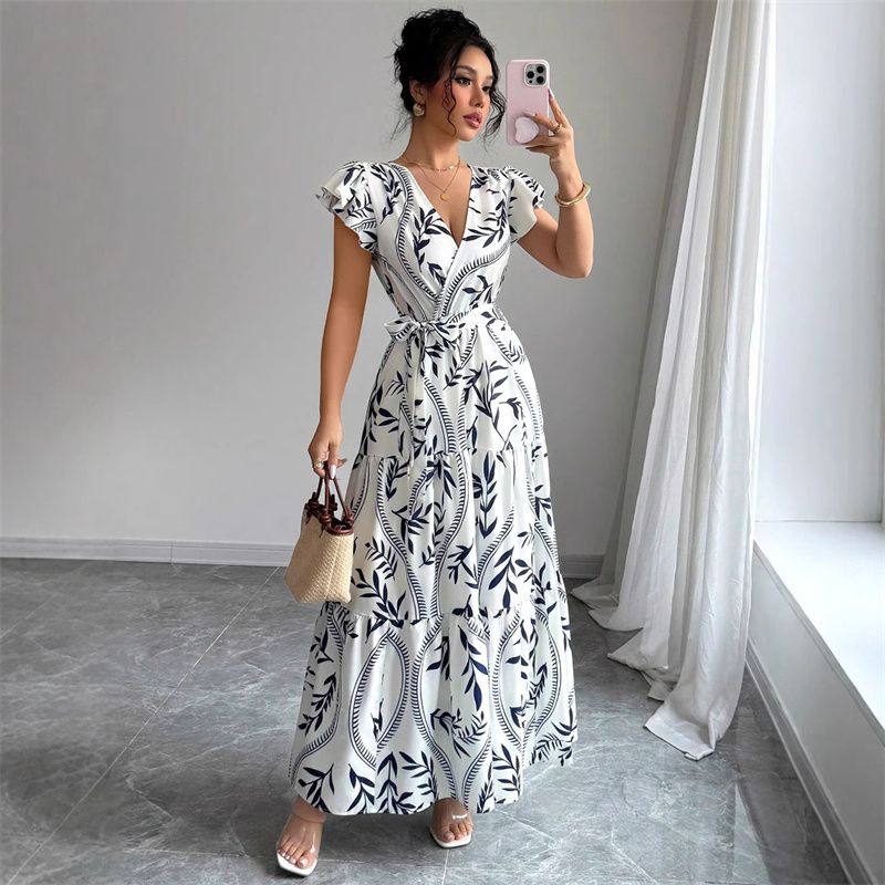 New Fashion Charming Women's A-Line Dress | Print Short Sleeve Tie-Waist & Flared Hem Long Skirt Elegant Versatile for Work Vacation & Party