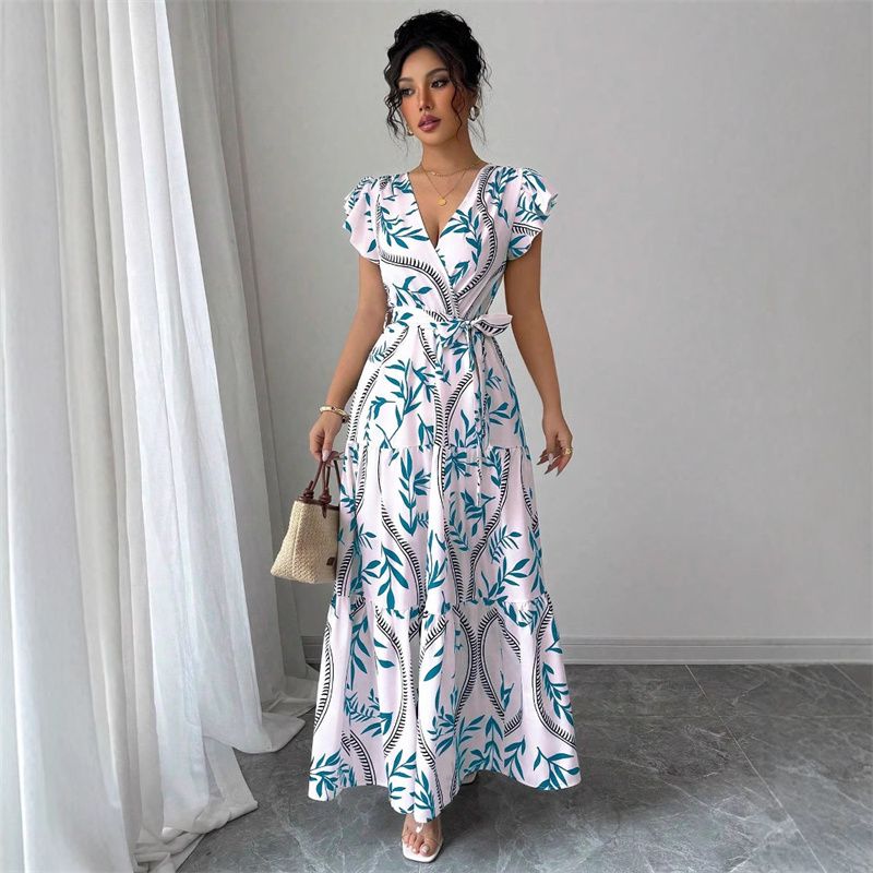 New Fashion Charming Women's A-Line Dress | Print Short Sleeve Tie-Waist & Flared Hem Long Skirt Elegant Versatile for Work Vacation & Party