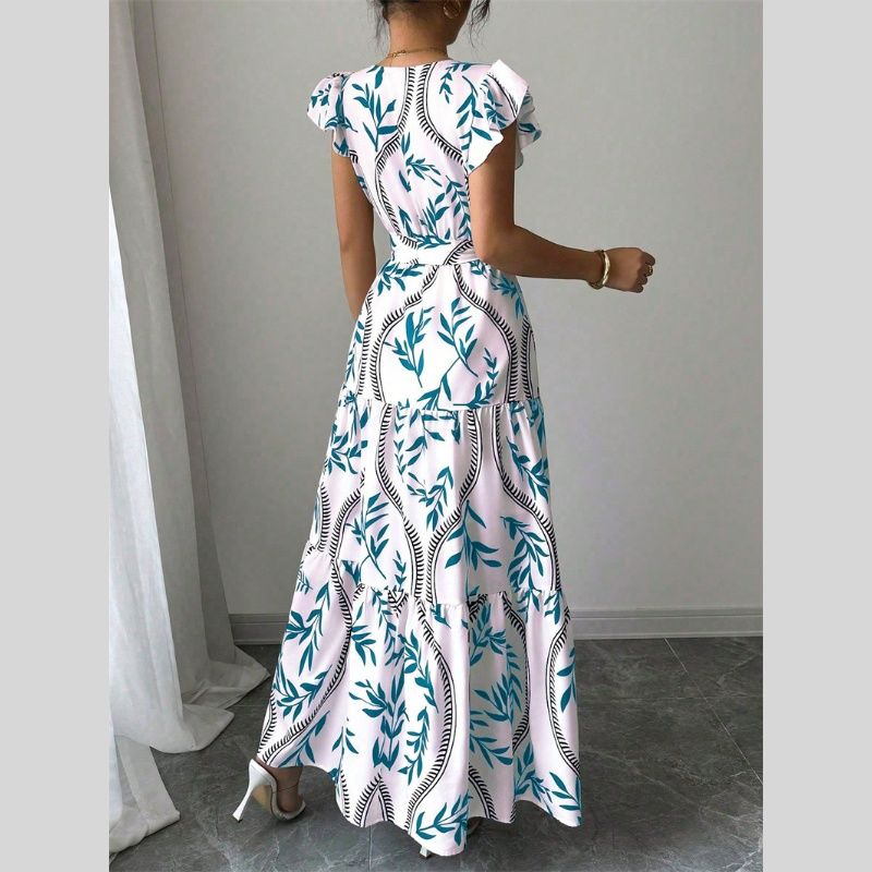 New Fashion Charming Women's A-Line Dress | Print Short Sleeve Tie-Waist & Flared Hem Long Skirt Elegant Versatile for Work Vacation & Party