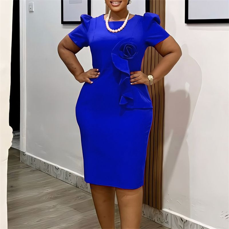New Arrival Women's African-Style Dress - Elegant Bodycon Solid Color Short Sleeve with Ruffles, Office-Workwear Fashion