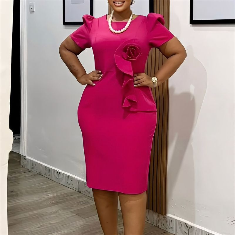 New Arrival Women's African-Style Dress - Elegant Bodycon Solid Color Short Sleeve with Ruffles, Office-Workwear Fashion