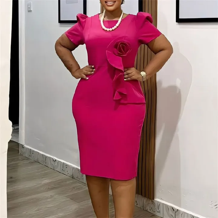 New Arrival Women's African-Style Dress - Elegant Bodycon Solid Color Short Sleeve with Ruffles, Office-Workwear Fashion