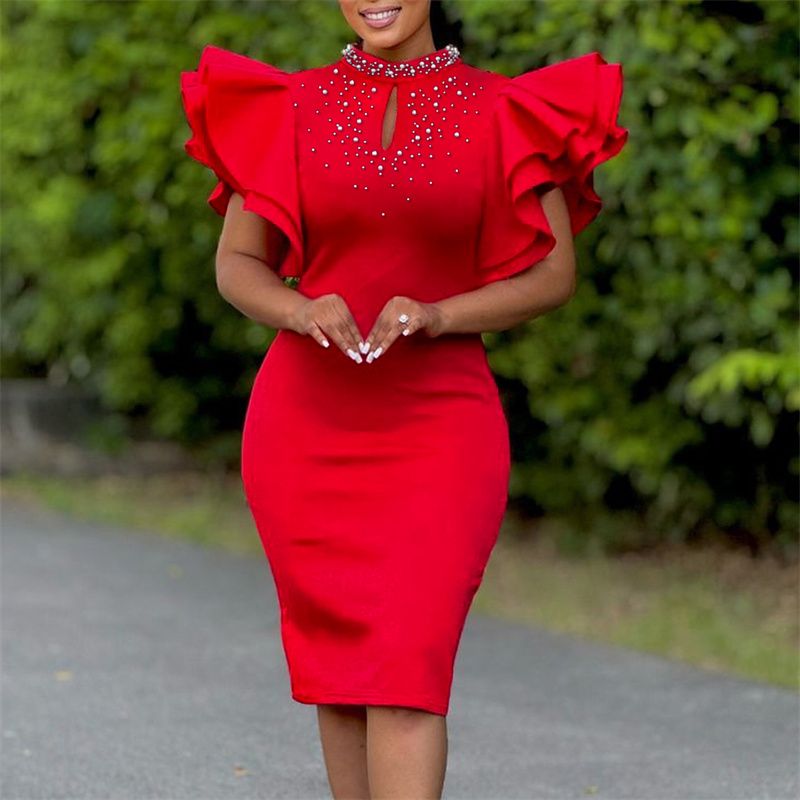 New Arrival Plus Size African-Style Dress - Elegant High Neck Ruffled Sleeves Beaded Party Evening Gown, Stylish Formal Dinner Dress