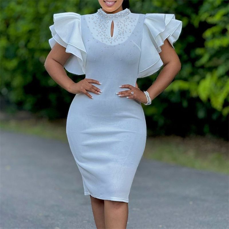 New Arrival Plus Size African-Style Dress - Elegant High Neck Ruffled Sleeves Beaded Party Evening Gown, Stylish Formal Dinner Dress
