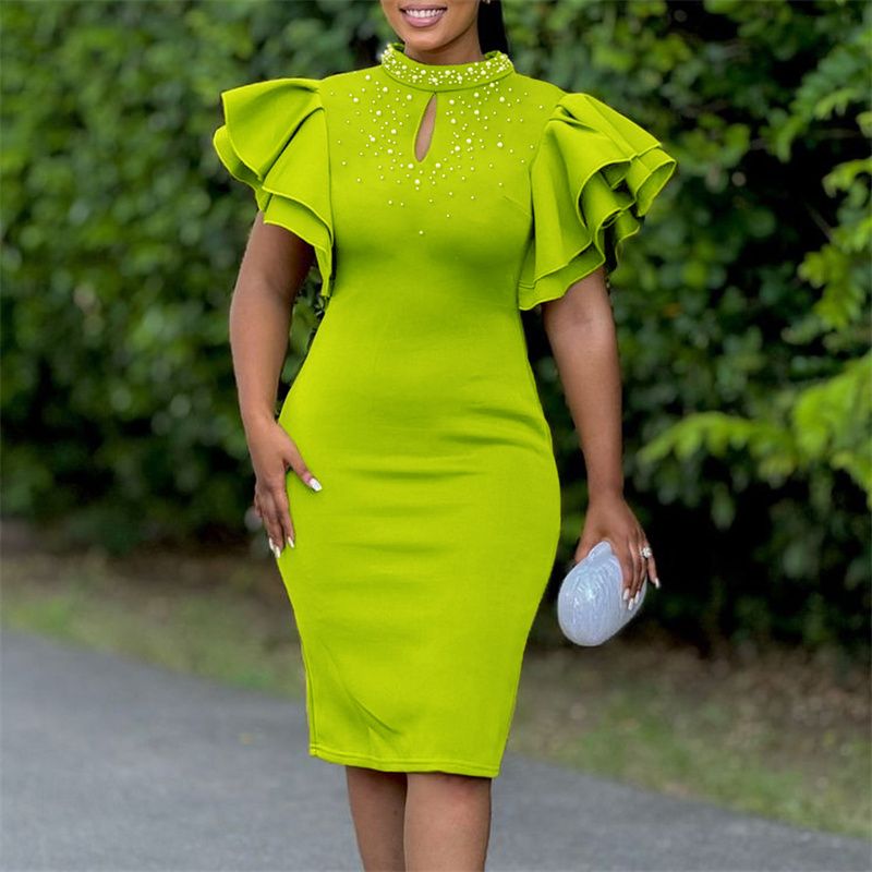 New Arrival Plus Size African-Style Dress - Elegant High Neck Ruffled Sleeves Beaded Party Evening Gown, Stylish Formal Dinner Dress