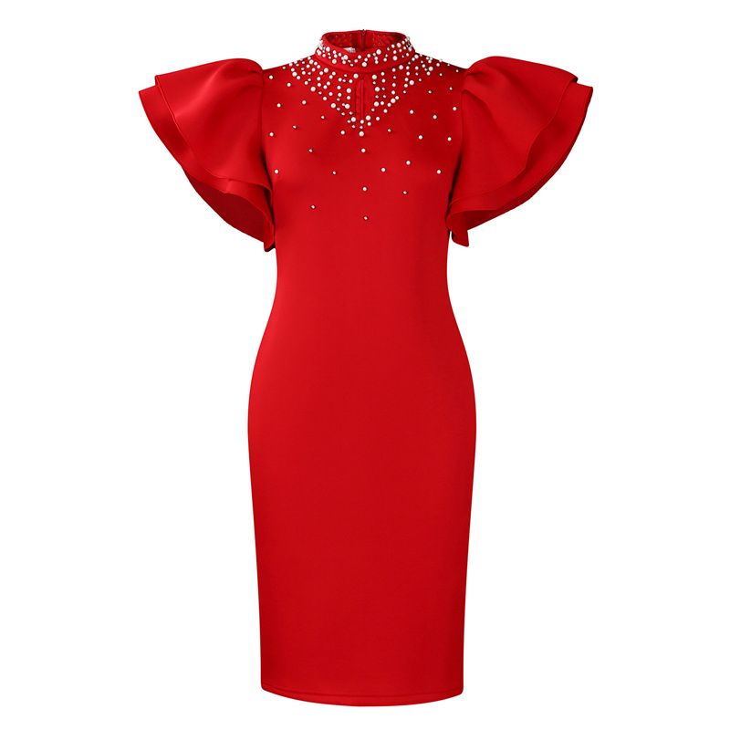 New Arrival Plus Size African-Style Dress - Elegant High Neck Ruffled Sleeves Beaded Party Evening Gown, Stylish Formal Dinner Dress