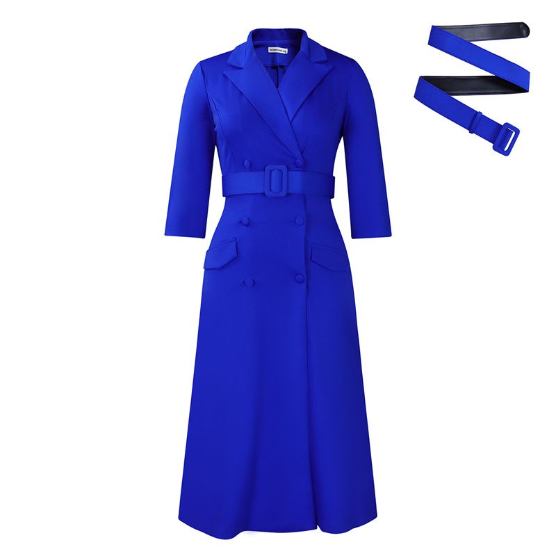2025 New Premium Women's Dress - Fashionable Elegant Double Breasted Notched Collar Solid Color Midi V-Neck 3/4 Sleeves Office Dress With Belt