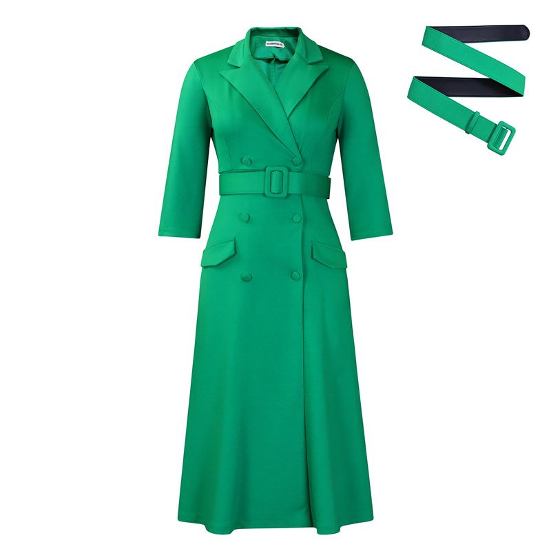 2025 New Premium Women's Dress - Fashionable Elegant Double Breasted Notched Collar Solid Color Midi V-Neck 3/4 Sleeves Office Dress With Belt