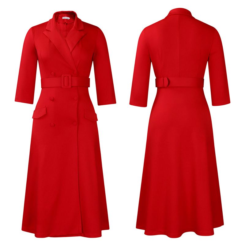 2025 New Premium Women's Dress - Fashionable Elegant Double Breasted Notched Collar Solid Color Midi V-Neck 3/4 Sleeves Office Dress With Belt