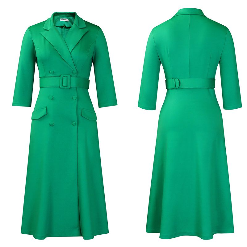 2025 New Premium Women's Dress - Fashionable Elegant Double Breasted Notched Collar Solid Color Midi V-Neck 3/4 Sleeves Office Dress With Belt