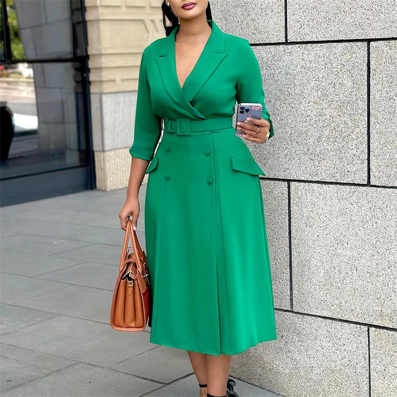 2025 New Premium Women's Dress - Fashionable Elegant Double Breasted Notched Collar Solid Color Midi V-Neck 3/4 Sleeves Office Dress With Belt
