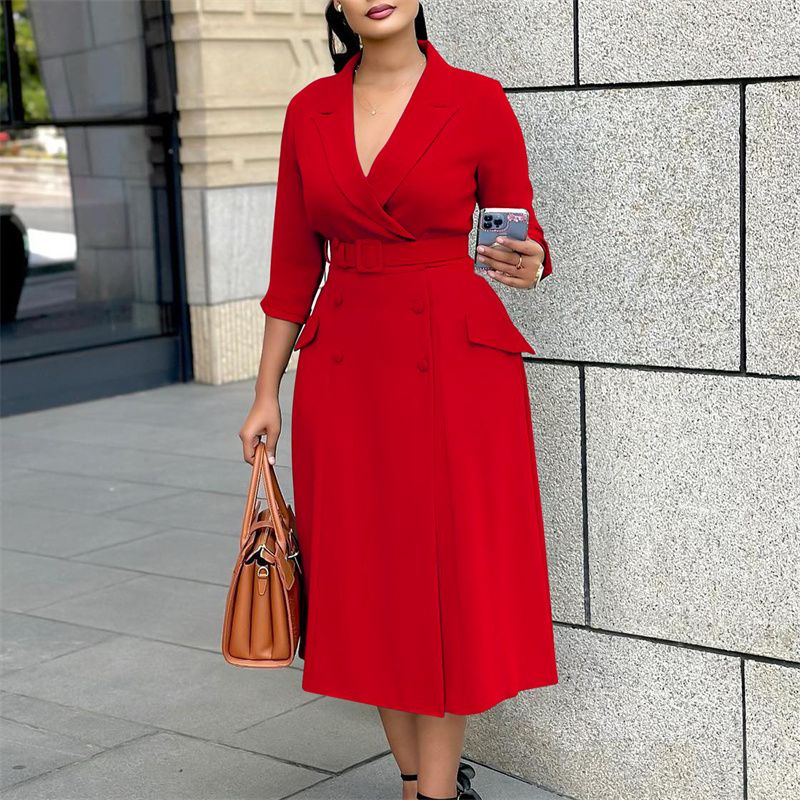 2025 New Premium Women's Dress - Fashionable Elegant Double Breasted Notched Collar Solid Color Midi V-Neck 3/4 Sleeves Office Dress With Belt