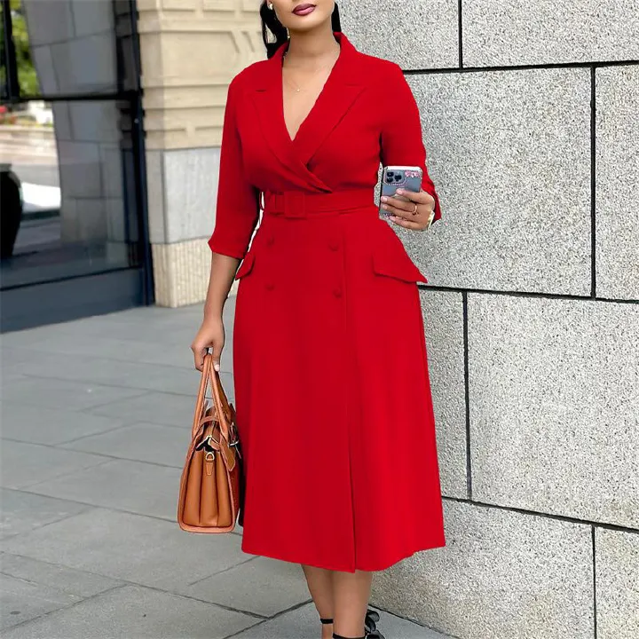2025 New Premium Women's Dress - Fashionable Elegant Double Breasted Notched Collar Solid Color Midi V-Neck 3/4 Sleeves Office Dress With Belt