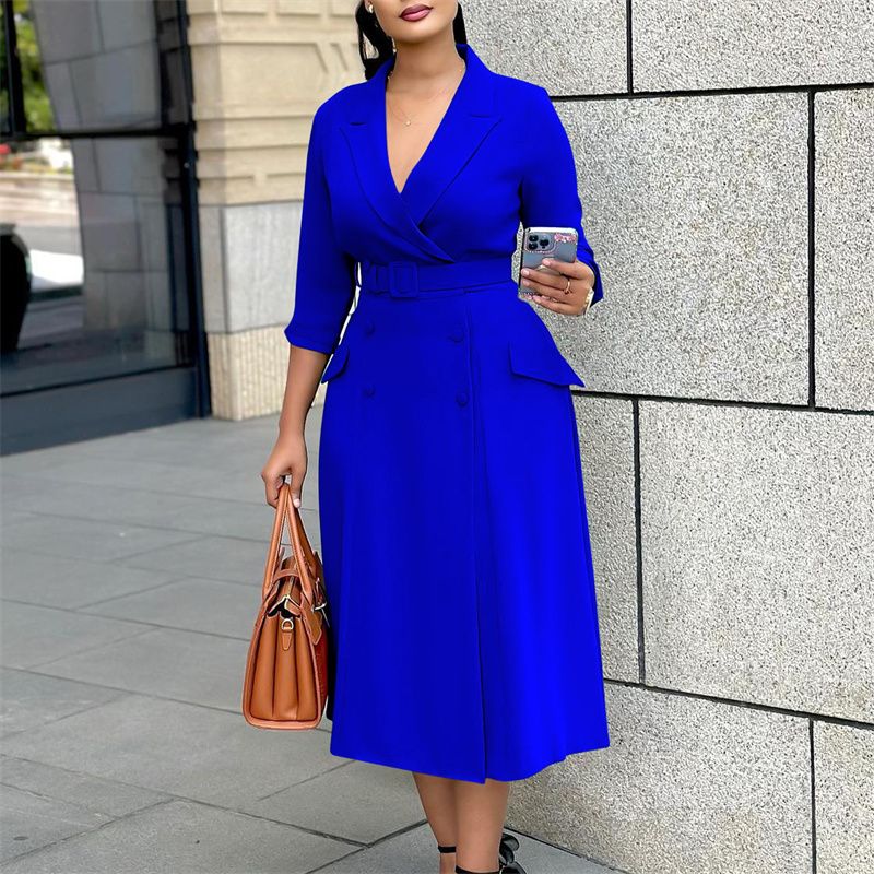 2025 New Premium Women's Dress - Fashionable Elegant Double Breasted Notched Collar Solid Color Midi V-Neck 3/4 Sleeves Office Dress With Belt