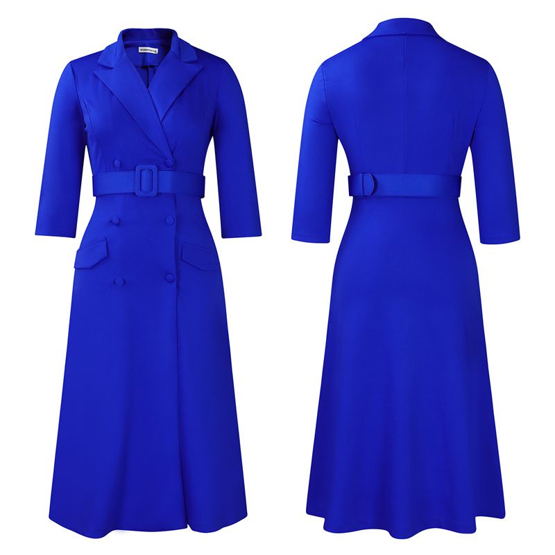 2025 New Premium Women's Dress - Fashionable Elegant Double Breasted Notched Collar Solid Color Midi V-Neck 3/4 Sleeves Office Dress With Belt