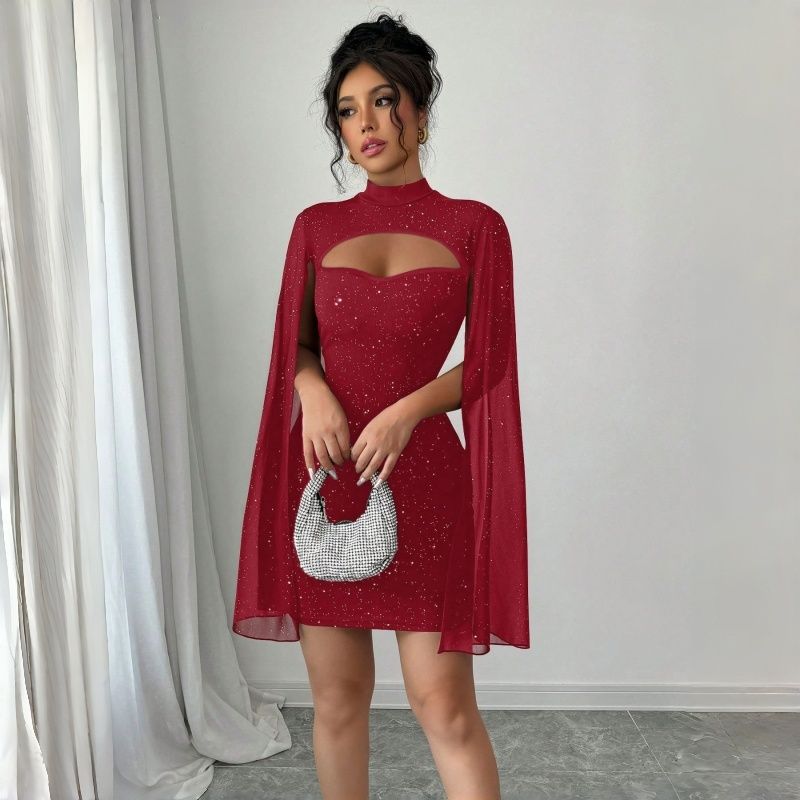 2025 New Euro-American Fashion Women's Dress - Round Neck Ribbed Texture Sequin-Embellished Chiffon Cape Hip-Hugging Evening Gown