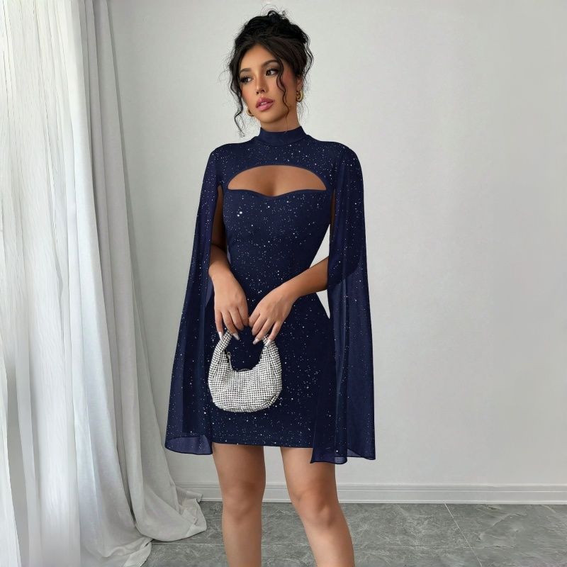 2025 New Euro-American Fashion Women's Dress - Round Neck Ribbed Texture Sequin-Embellished Chiffon Cape Hip-Hugging Evening Gown