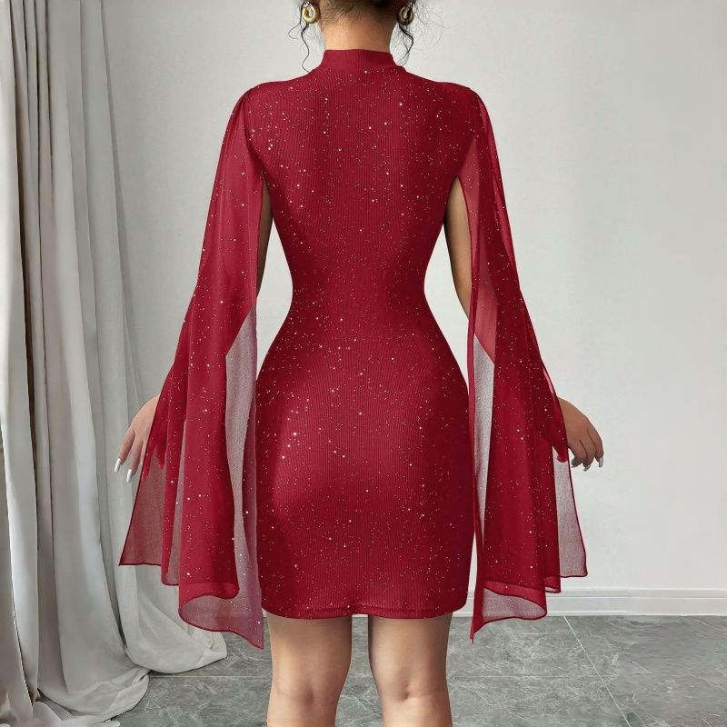 2025 New Euro-American Fashion Women's Dress - Round Neck Ribbed Texture Sequin-Embellished Chiffon Cape Hip-Hugging Evening Gown