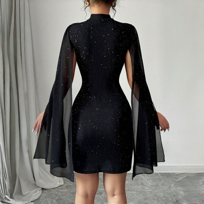 2025 New Euro-American Fashion Women's Dress - Round Neck Ribbed Texture Sequin-Embellished Chiffon Cape Hip-Hugging Evening Gown